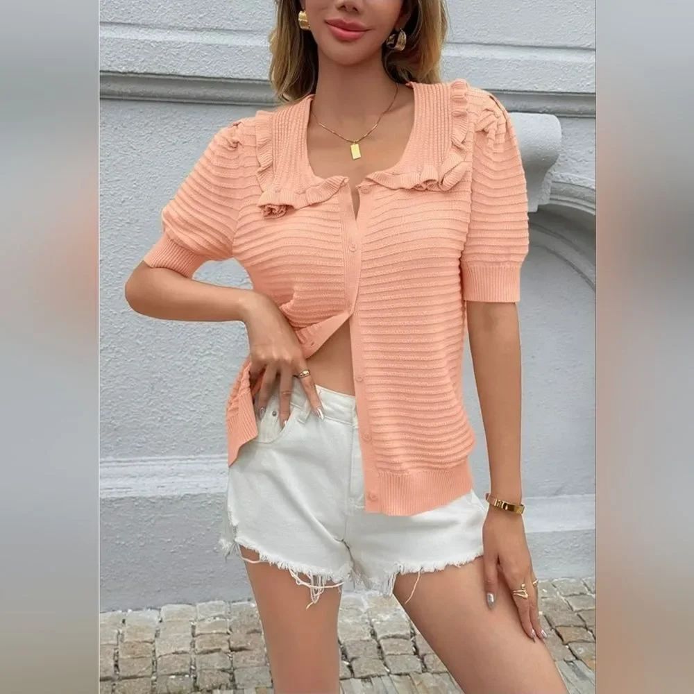 🩵🅰️NWT Orange Ribbed Knit Puff Short Sleeve Sweater Medium